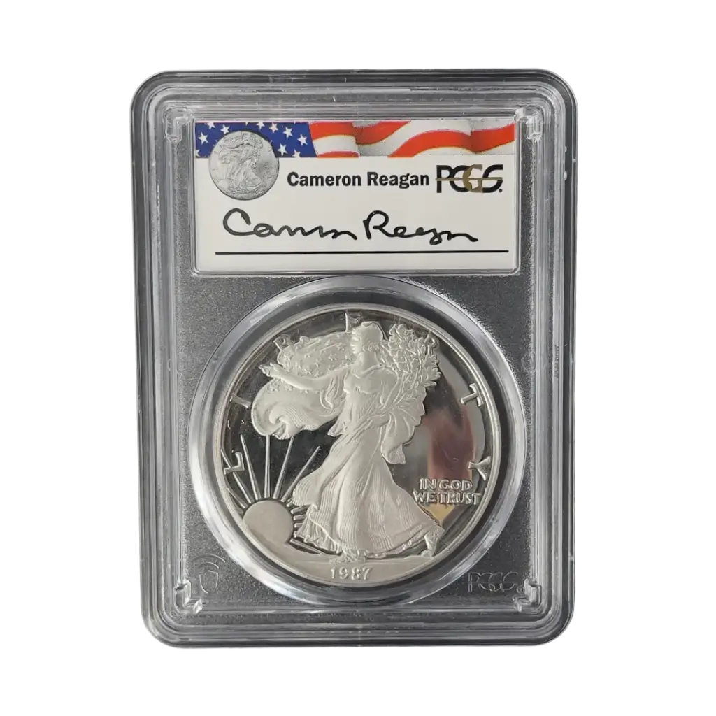 1安士 - 1986/87 - 稀有里根簽名 - 美國鷹揚銀幣 - PCGS PR69 認證！