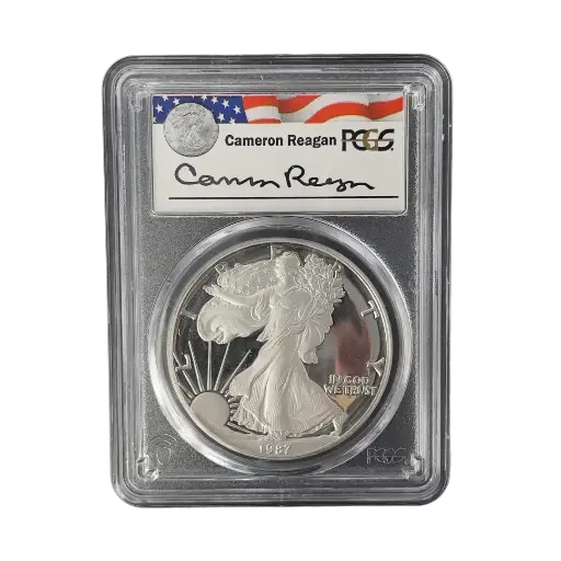 [1oz_silver_eagle_1986-87_coin] 1安士 - 1986/87 - 稀有里根簽名 - 美國鷹揚銀幣 - PCGS PR69 認證！